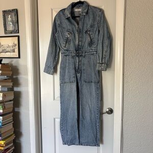 Mango zipper denim blue jean biker jumpsuit size small